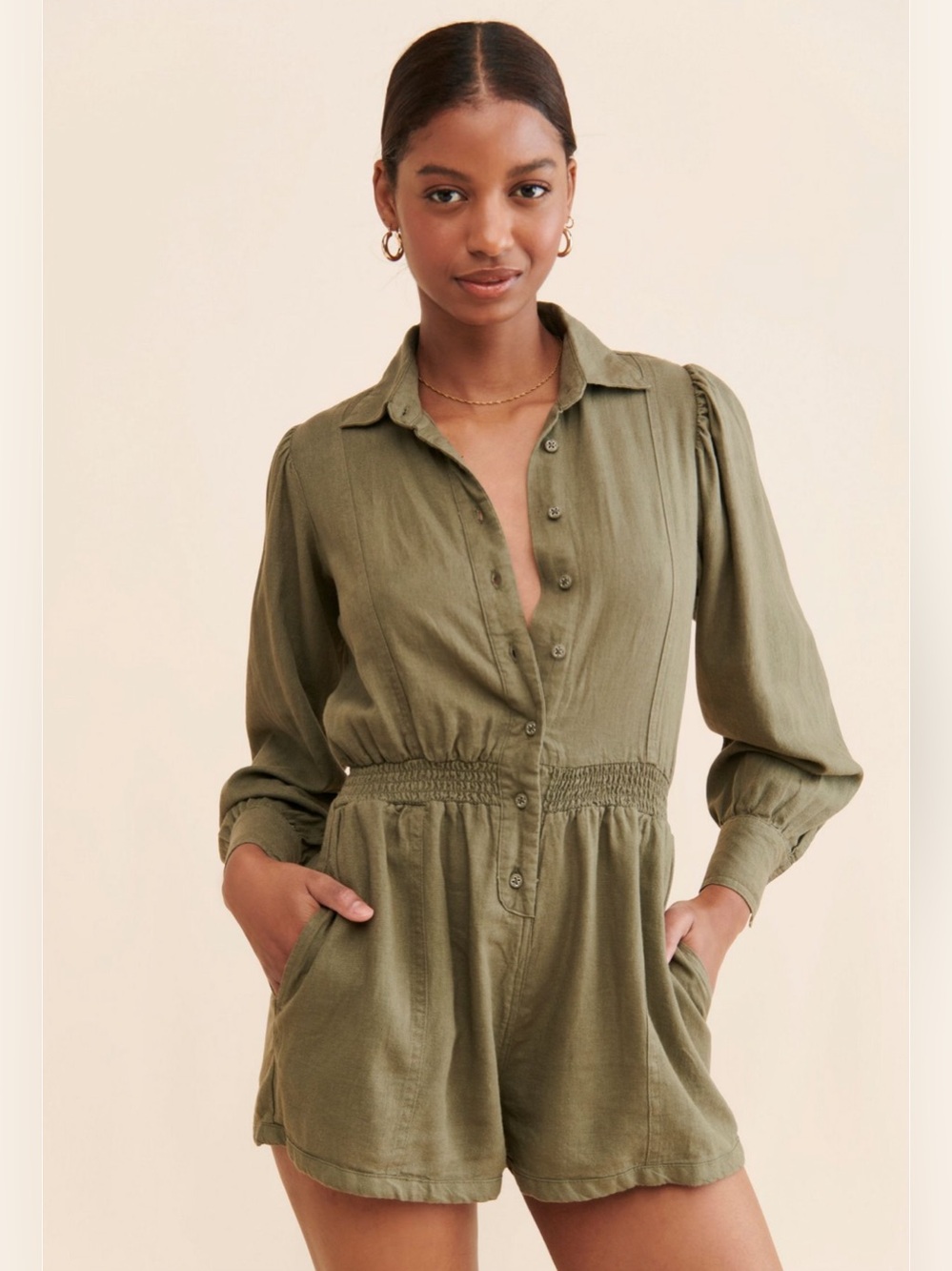 WeWoreWhat Button Up Romper in Olive Green